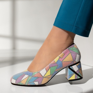 Pantofi dama cu toc gros si imprimeu multicolor ANA11, 2, modlet.ro