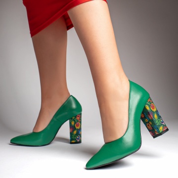 Pantofi dama cu toc gros si imprimeu verde din Piele naturala MOD12738, 3, modlet.ro