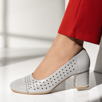 Pantofi cu toc, Pantofi dama cu toc gros si perforatii argintii MOD14238, modlet.ro