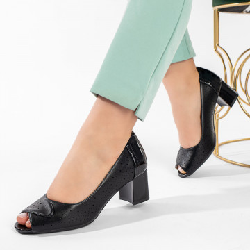 Pantofi dama cu toc gros si perforatii negri MOD11214, 4, modlet.ro