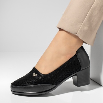 Pantofi cu toc, Pantofi dama cu toc gros si perforatii negri MOD14225, modlet.ro