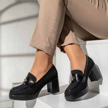 Pantofi cu toc si platforma dama, Pantofi dama cu toc gros si platforma negru suede ANA86, modlet.ro