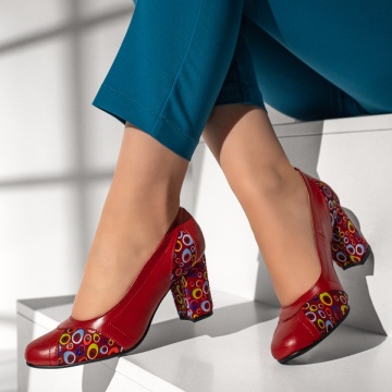 Pantofi dama cu toc gros si print rosii din Piele naturala MOD13080, 2, modlet.ro