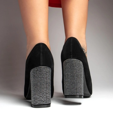 Pantofi dama cu toc gros si strasuri aplicate negru suede LIA36, 2, modlet.ro