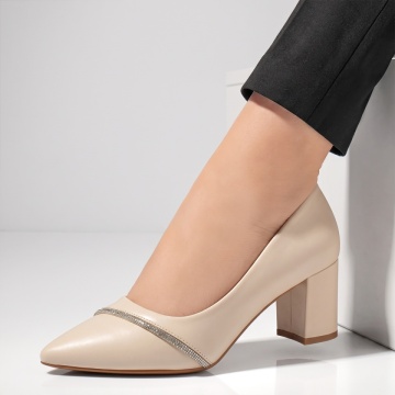 Pantofi dama cu toc gros si strasuri bej IRIS36
