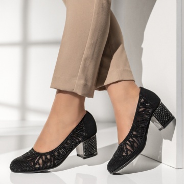 Pantofi cu toc, Pantofi dama cu toc gros si strasuri negri suede MOD14196, modlet.ro