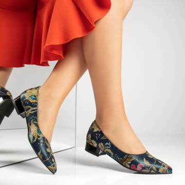 Pantofi dama cu toc mic si imprimeu albastri din Piele naturala MOD13493, 3, modlet.ro