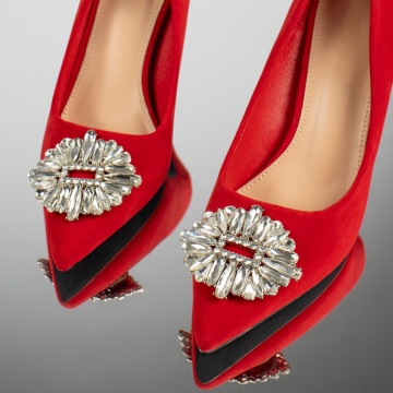 Pantofi dama cu toc si accesoriu decorativ rosu suede MOD12761, 4, modlet.ro
