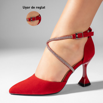 Pantofi dama cu toc si aplicatii cu pietre rosii suede LIA90, 3, modlet.ro