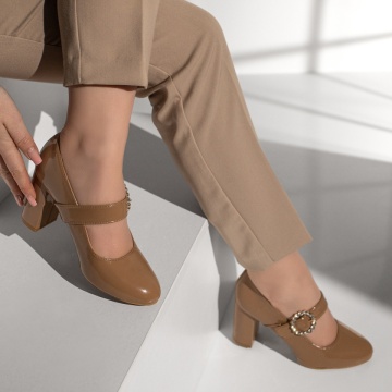 Pantofi dama cu toc si bareta khaki luciosi MOD10596, 3, modlet.ro