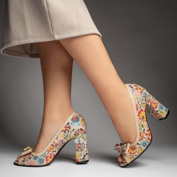 Pantofi dama cu toc si fundita bej cu model floral din Piele naturala ZEF13131, 3, zeforia.ro