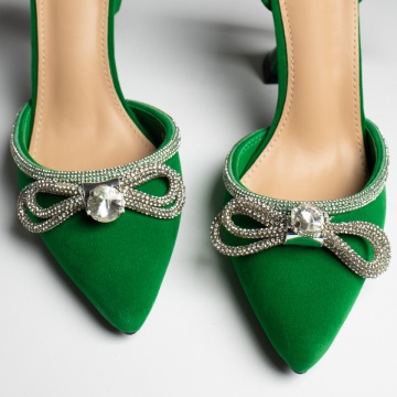 Pantofi dama cu toc si fundita cu strasuri verde suede LIA89, 4, modlet.ro