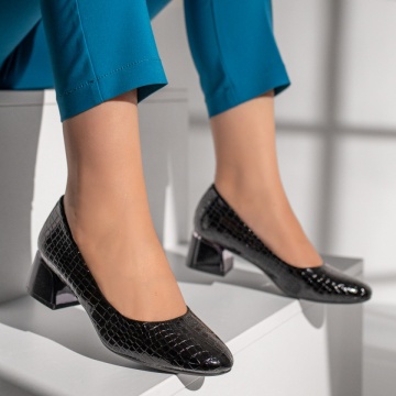 Pantofi dama cu toc si imprimeu negri cu aspect lucios MOD12132, 3, modlet.ro