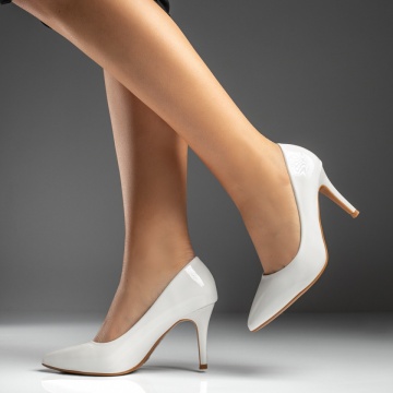 Pantofi dama cu toc subtire si aspect lucios albi MOD05451, 4, modlet.ro