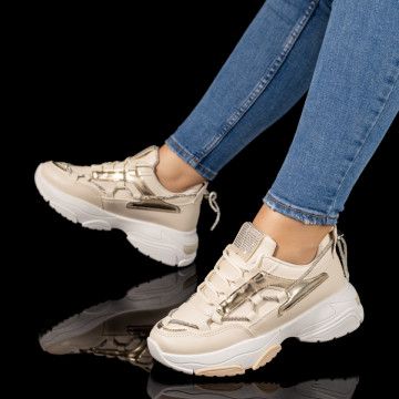 Pantofi dama sport cu siret bej cu auriu MOD10358, 3, modlet.ro