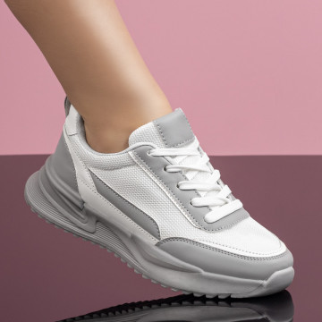 Pantofi sport dama albi cu gri cu siret si talpa groasa MOD08194, 3, modlet.ro