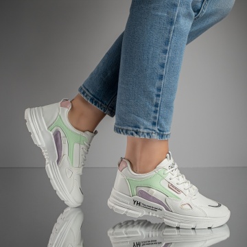 Pantofi sport dama albi cu verde MOD11070, 2, modlet.ro