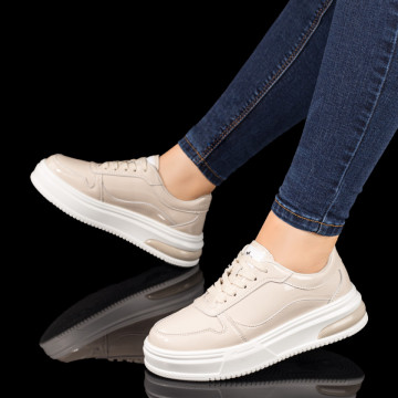 Pantofi sport dama bej cu aspect lucios din Piele naturala MOD10282, 3, modlet.ro
