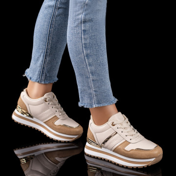 Pantofi sport dama bej cu auriu MOD09595, 3, modlet.ro