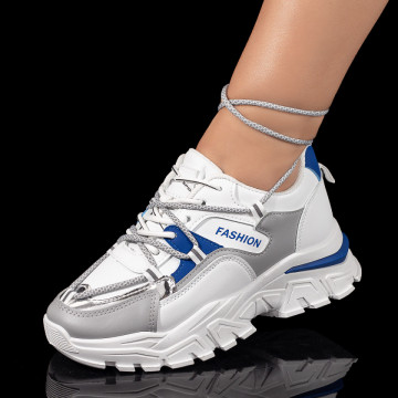 Pantofi sport dama cu siret albi cu albastru MOD09895, 3, modlet.ro