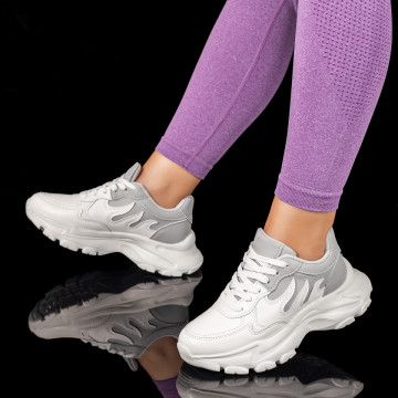 Pantofi sport dama cu siret si talpa groasa albi cu gri MOD10026, 1, modlet.ro