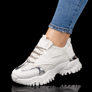 Pantofi sport dama cu siret si talpa groasa albi MOD09795, 3, modlet.ro