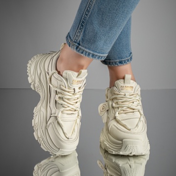 Pantofi sport dama cu siret si talpa groasa bej MOD11697, 1, modlet.ro