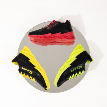 Pantofi sport dama cu siret si talpa groasa negri cu galben MOD10169, 4, modlet.ro