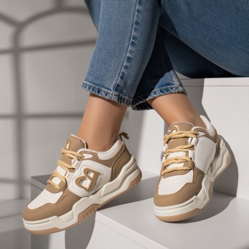Pantofi sport dama cu talpa groasa albi cu khaki MOD11743, 1, modlet.ro