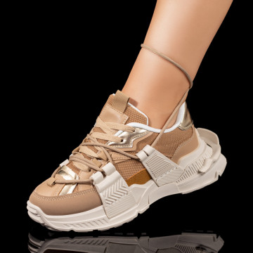 Pantofi sport dama cu talpa groasa khaki cu bej MOD09410, 2, modlet.ro
