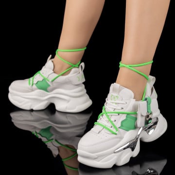 Pantofi sport dama cu talpa groasa si accesoriu detasabil albi cu verde ZEF09778, 1, zeforia.ro