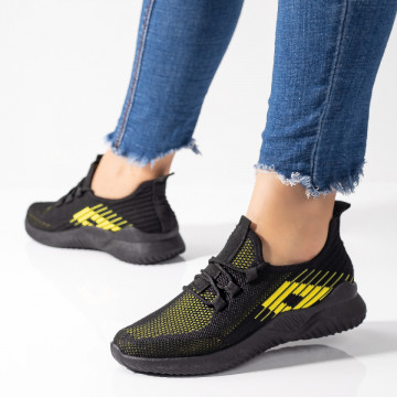 Pantofi sport dama din material textil negri cu galben MOD09501, 3, modlet.ro