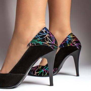 Pantofi Stiletto dama cu print negru suede MOD12925, 4, modlet.ro