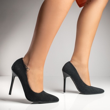 Pantofi Stiletto, Pantofi Stiletto dama cu toc subtire si imprimeu negri INA33, modlet.ro
