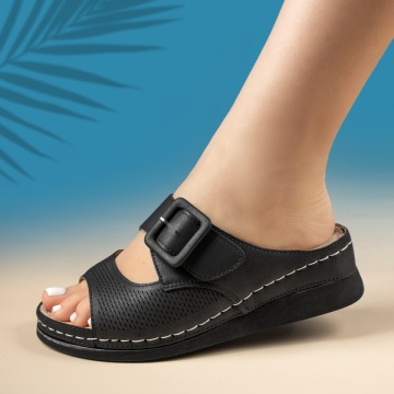 Papuci casual dama, Papuci casual dama cu platforma si catarama negri MOD14287, modlet.ro