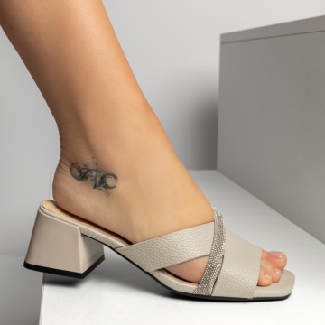 Papuci casual dama cu toc gros si strasuri gri MOD14348