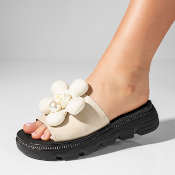 Papuci dama cu talpa groasa si model floral bej MOD11434, 2, modlet.ro