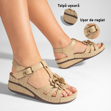 Sandale cu platforma dama si floare decorativa bej MOD04651, 3, modlet.ro