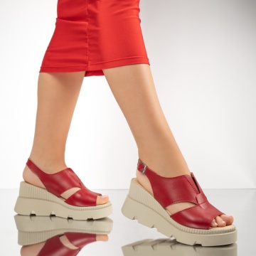 Sandale dama cu platforma si bareta rosii din Piele naturala MOD13212, 3, modlet.ro