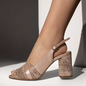 Sandale dama cu toc gros bej sidefat din Piele naturala MOD13450, 4, modlet.ro
