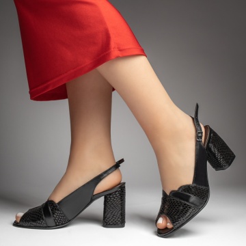 Sandale dama cu toc gros negre cu print din Piele naturala ZEF13450, 2, zeforia.ro