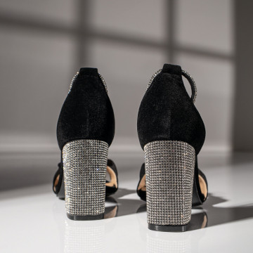 Sandale dama cu toc gros si aplicatie de strasuri negre suede MOD11432, 4, modlet.ro