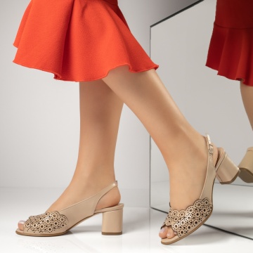 Sandale dama cu toc si perforatii bej din Piele naturala MOD09736