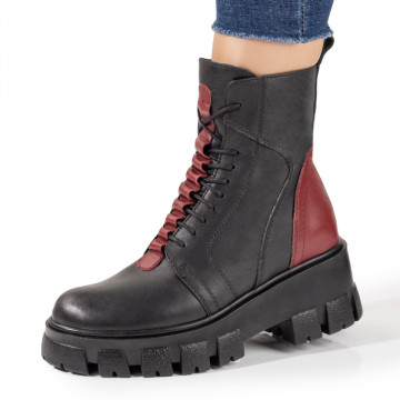 Bocanci dama cu siret negri cu rosu din Piele naturala MOD09636