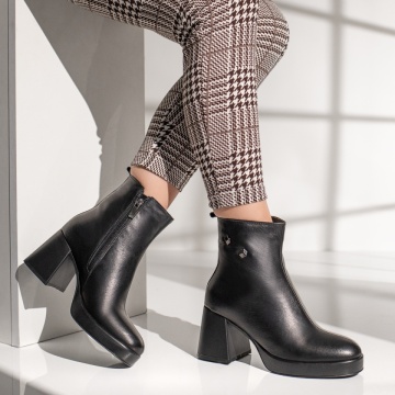 Botine dama cu toc gros negre din Piele naturala MOD10779, 3, modlet.ro