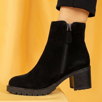 Botine dama cu toc gros negru suede din Piele naturala BIA25
