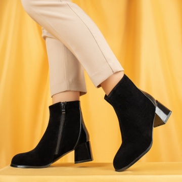 Botine dama cu toc gros negru suede MOD07139