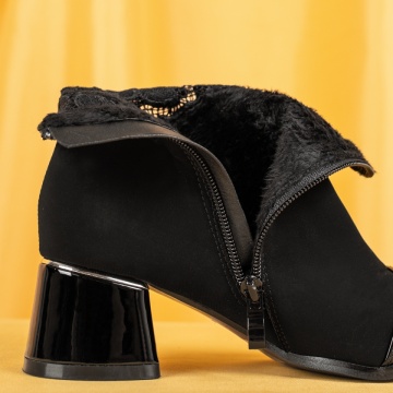 Botine dama cu toc gros si varf lacuit negru suede MOD06638, 2, modlet.ro