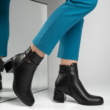 Botine dama cu toc si accesoriu decorativ negre MOD12596, 4, modlet.ro