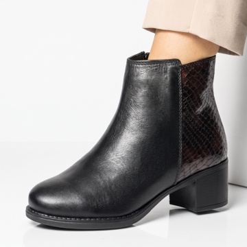 Botine dama cu toc si imprimeu negru cu visiniu din Piele naturala BIA31, 2, modlet.ro